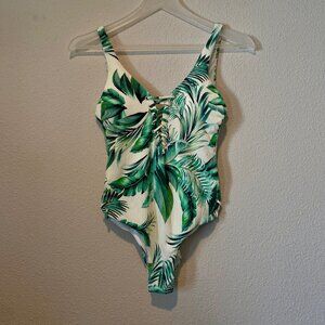 Palm Leaf Lace-Up One Piece‎ Swimsuit Tropical Print Size Small